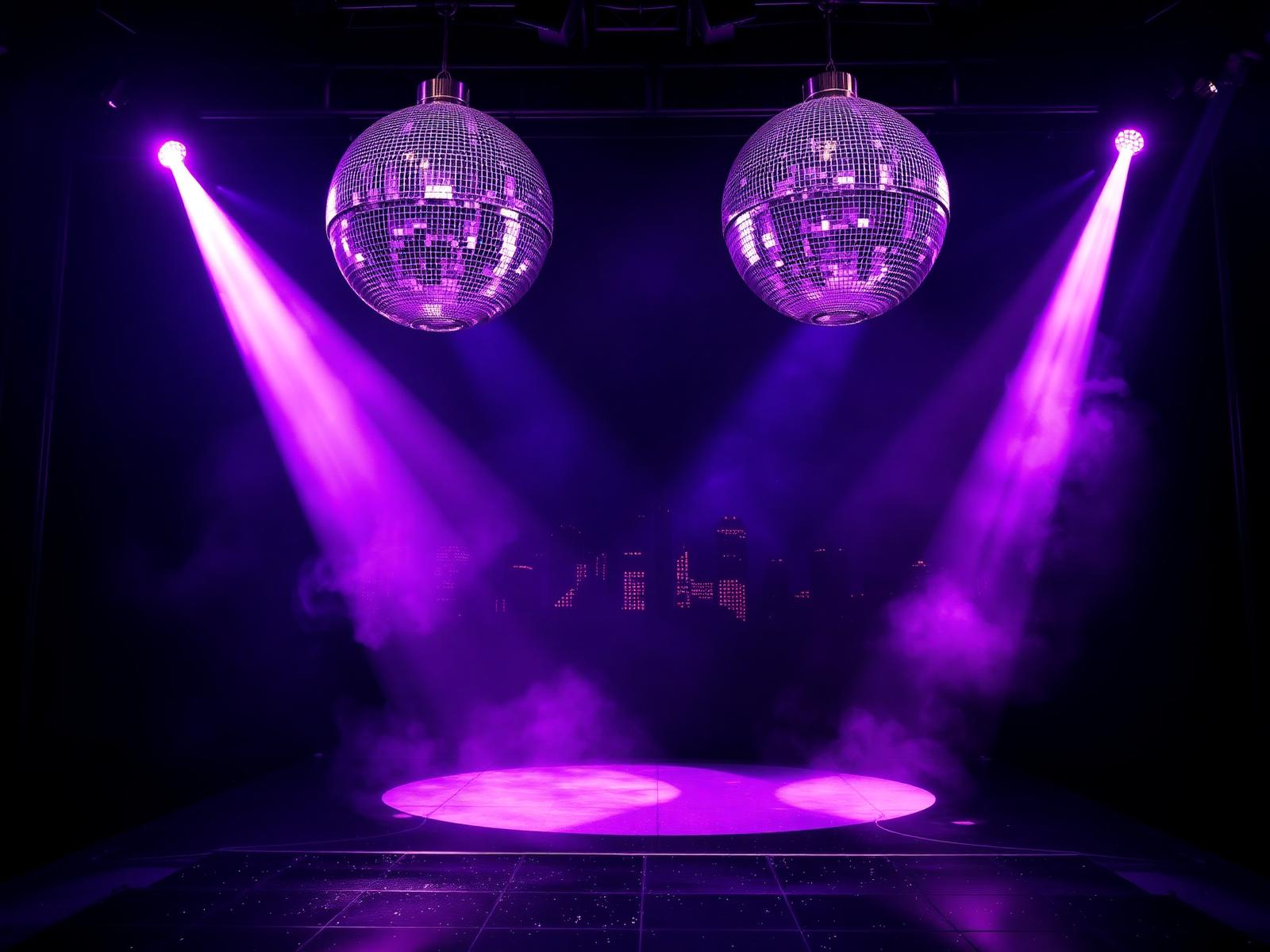 Concert stage with disco balls and purple spotlights
